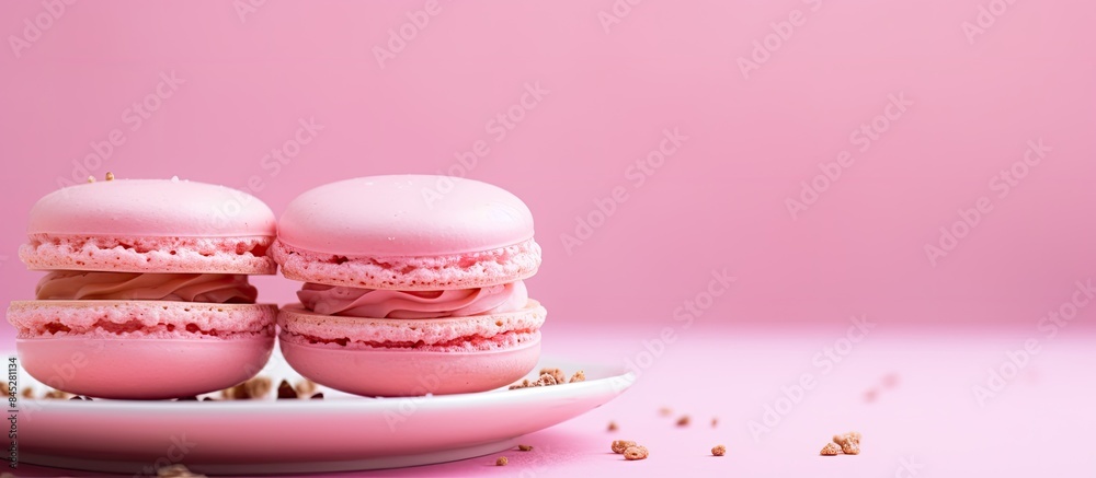 Sticker A pink macaron dessert cake made with sweet almond and French cookie placed on a trendy pink pastel background The minimal food bakery concept is emphasized through the use of a flat lay top view and