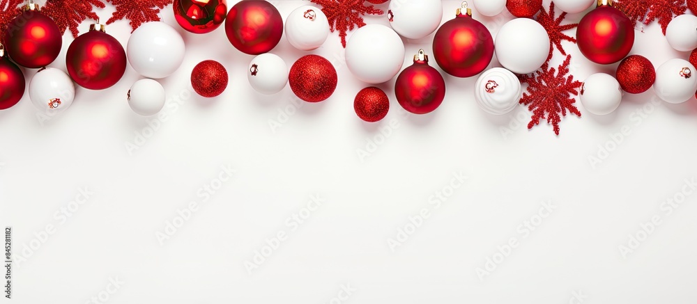 Poster A festive Christmas background with vibrant red decorations arranged on a crisp white backdrop showcased in a flat lay style providing ample copy space for additional elements