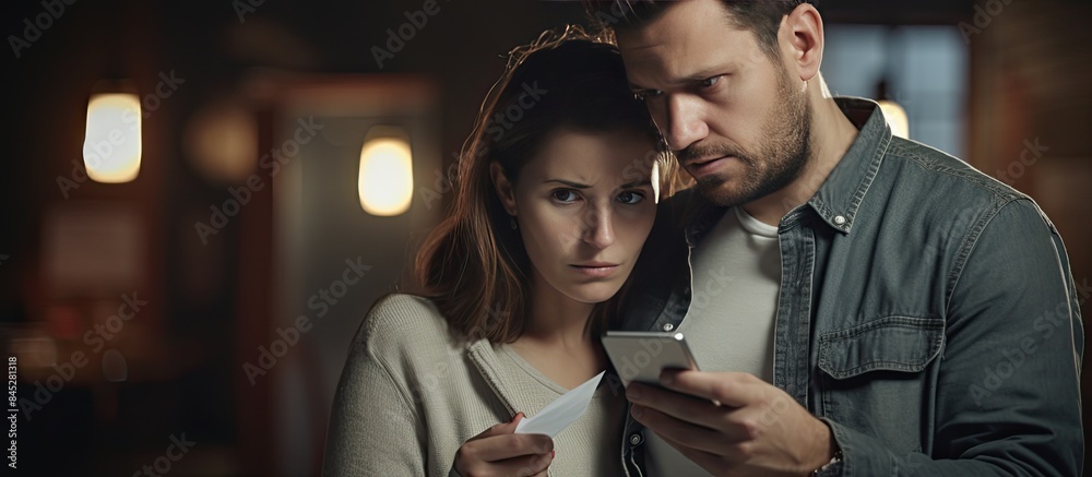 Aufkleber a young married couple grows anxious as they struggle with increasing bills they anxiously hold a sm