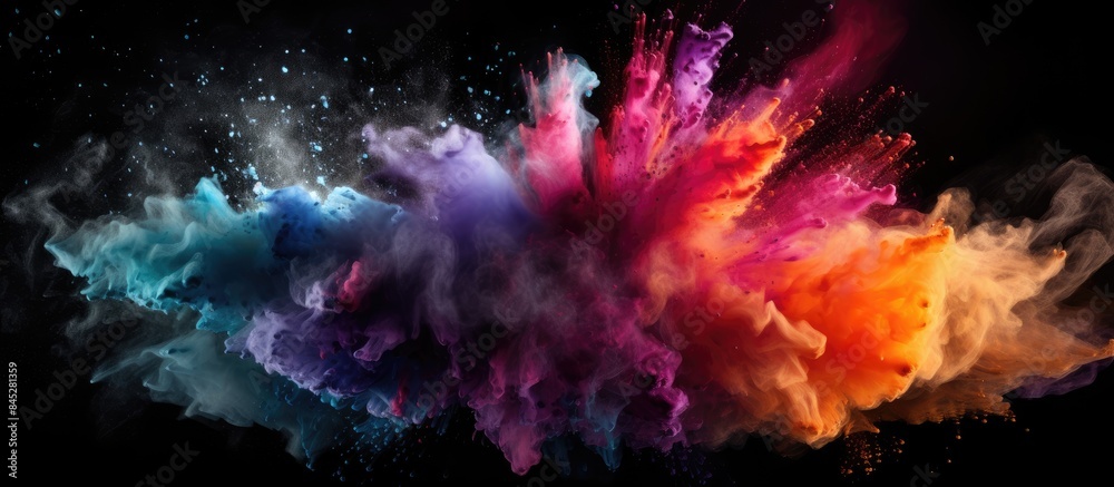 Poster an artistic image capturing the vibrant explosion of colored powder and glitter in the air against a