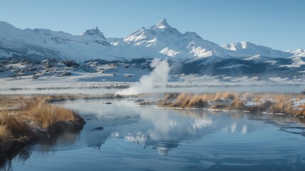 A soothing image of a hot spring with steam rising, surrounded by snow-capped mountains, conveying a sense of relaxation and rejuvenation in a natural setting.