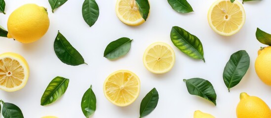 Fresh organic yellow lemon fruit with slice and green leaves isolated on white background -...