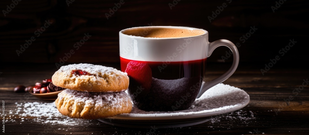 Poster enjoy a delightful cup of coffee accompanied by delicious cookies topped with jelly cream and powder