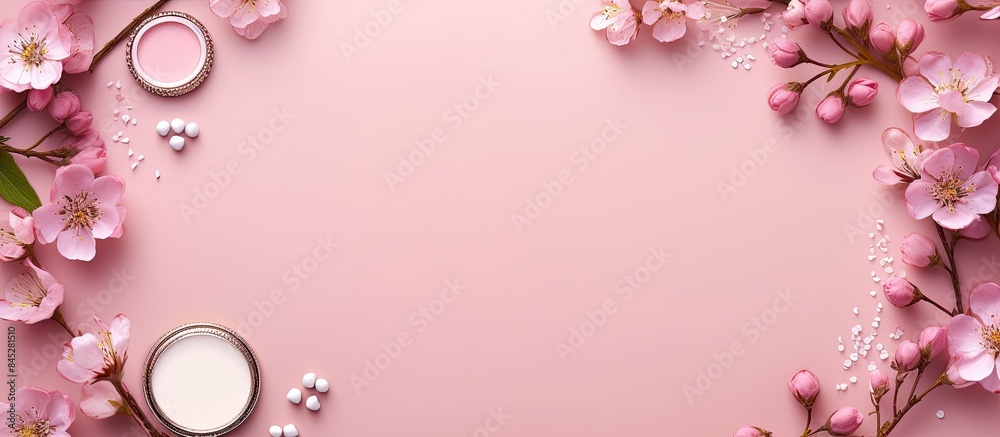 Aufkleber pink decorative cosmetics frame with lipstick eyeshadow and small rose flowers arranged on a pink ba