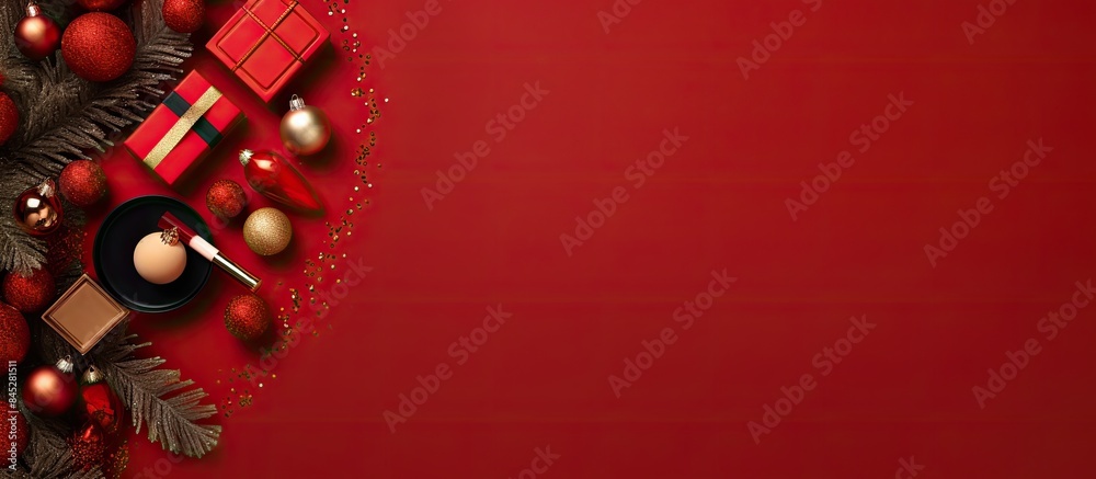 Poster A flat lay of decorative cosmetic products arranged in the shape of a Christmas tree on a red background creating a festive and wintery scene with space for text. Creative banner. Copyspace image