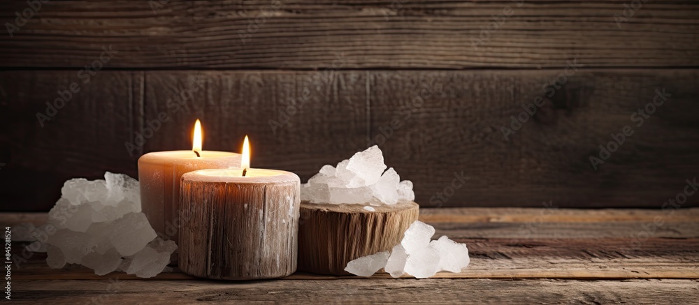 Poster A serene and enchanting image with sea salt candles and a rustic wooden backdrop perfect for advertising or design projects Ideal copy space image