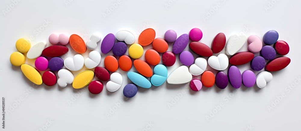 Poster a pile of vibrant heart shaped pills tablets and capsules is displayed on a white background this vi