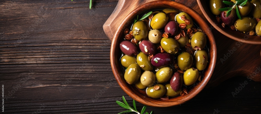 Poster a top down view of an appetizer featuring olives soaked in flavorful cold pressed olive oil the dish