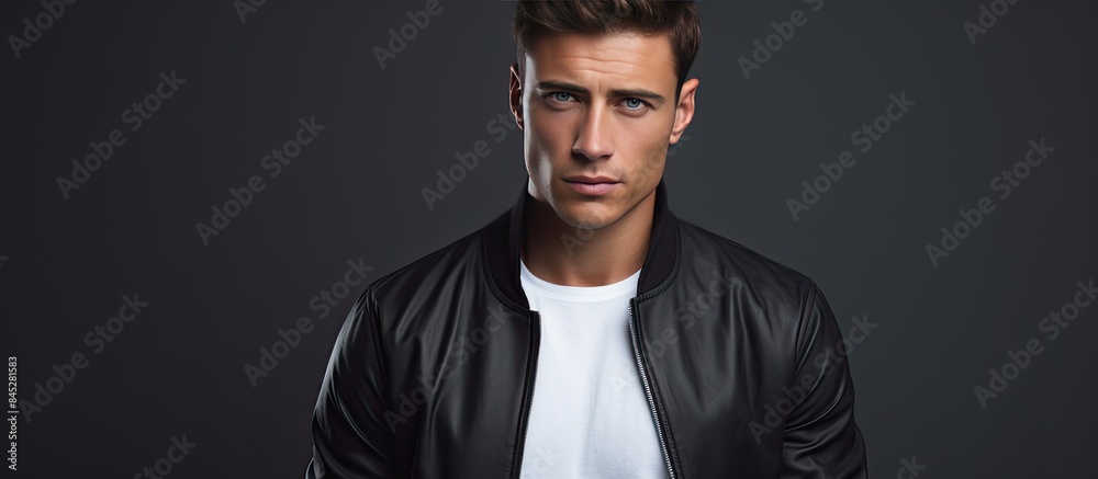 Poster stylish young man with a thoughtful expression posing against a gray studio backdrop a lifestyle por