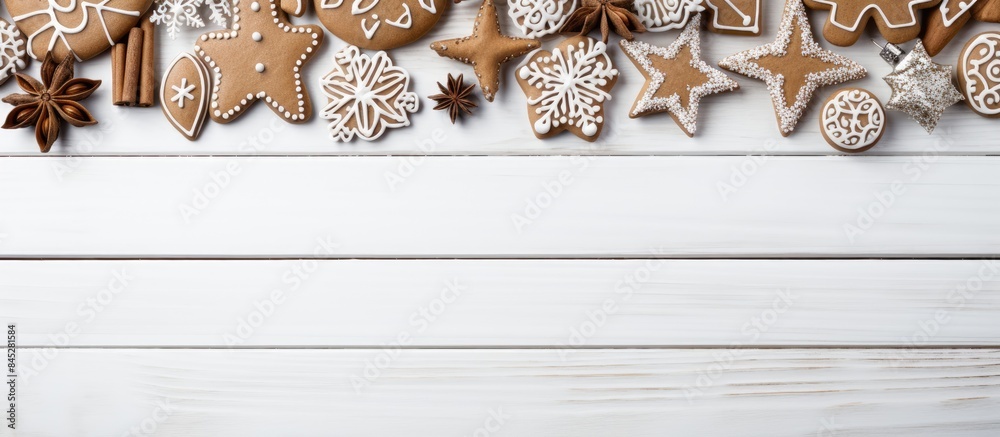 Aufkleber Christmas gingerbread cookies arranged in a frame on a white wooden background providing copy space for text Perfect for holiday projects celebrations and cooking themed concepts Ideal for creating N