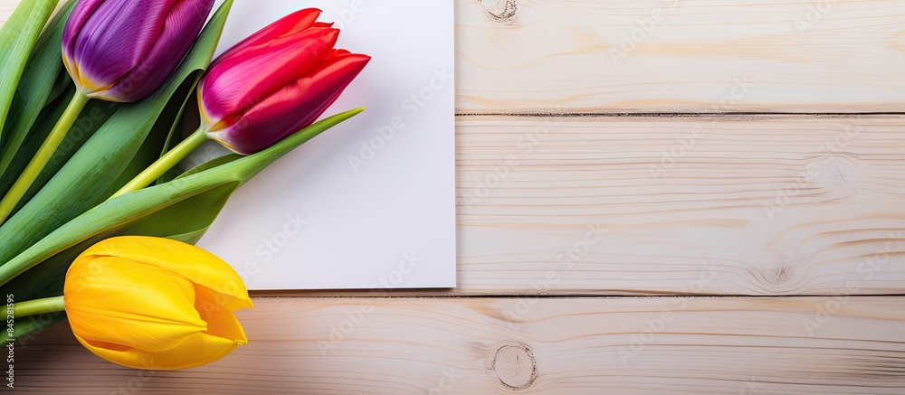 Fototapete a colorful tulip in yellow and red hues stands beside a purple greeting card set against a backdrop 