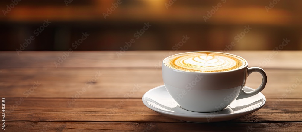 Fototapete The image displays a vintage looking cup of latte coffee left untouched on a wooden table with ample empty space for copying or adding elements