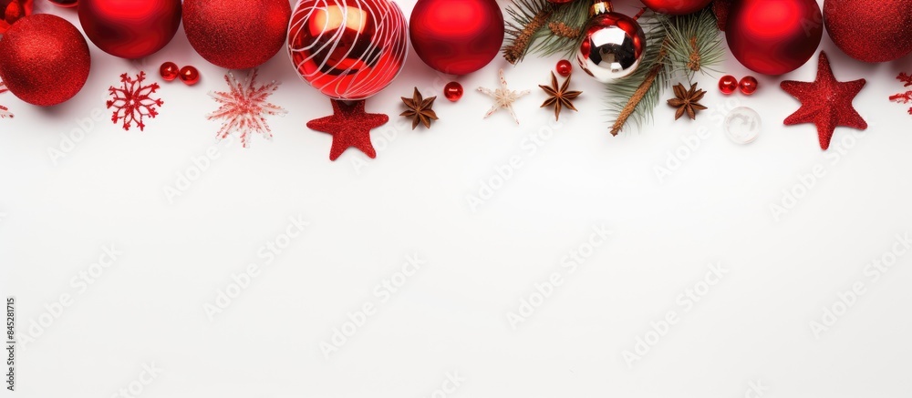 Poster A festive Christmas background with vibrant red decorations arranged on a crisp white backdrop showcased in a flat lay style providing ample copy space for additional elements
