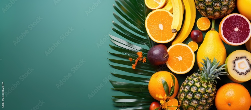 Aufkleber Tropical summer vibes with vibrant palm leaves and exotic fruits on a colorful backdrop Perfect for capturing the essence of summertime Top down view ideal for showcasing with plenty of space for cus