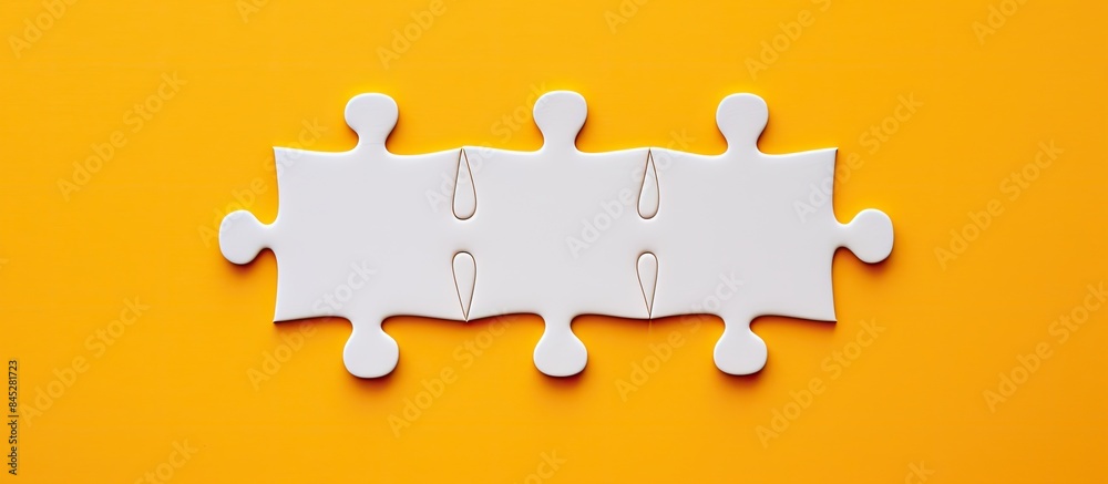 Poster The copy space image showcases a white jigsaw puzzle from a top view missing its final piece with a vibrant orange or yellow background visible