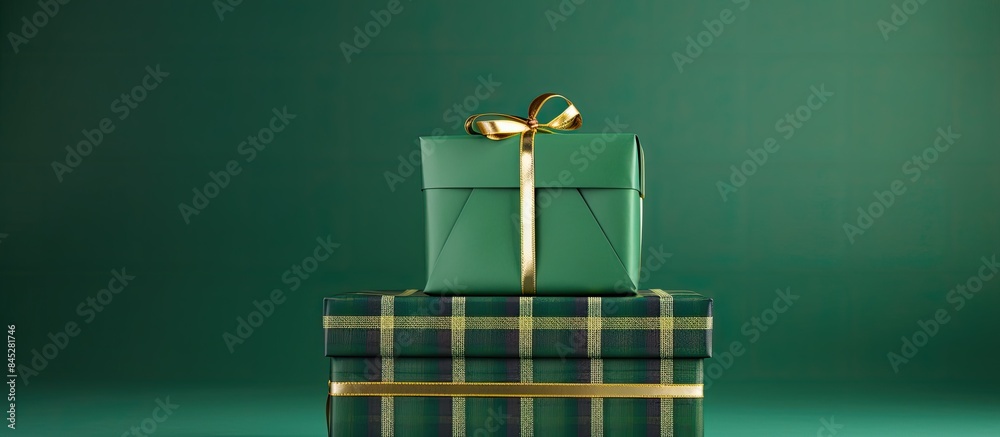 Poster a festive stack of three gift boxes adorned with plaid ribbons set against a vibrant green backdrop 