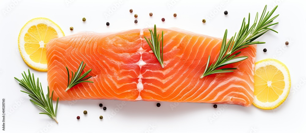 Poster A top down view of a raw piece of salmon accompanied by lemon slices and rosemary sprigs isolated on a white background Ample space available for additional text or images