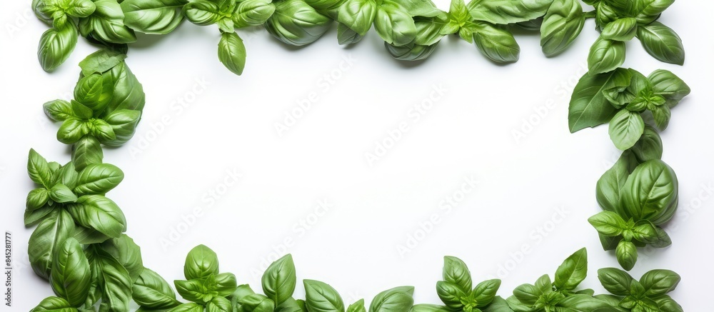 Aufkleber Isolated on a white background there is a botanical picture featuring a frame adorned with basil leaves creating a visually appealing copy space image
