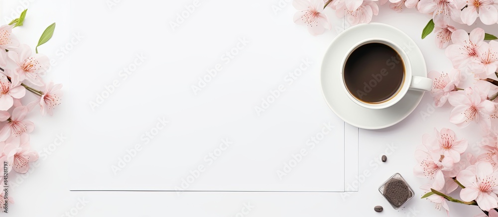 Poster a feminine workspace with a homework desk adorned with pink flowers coffee and stationery a top view