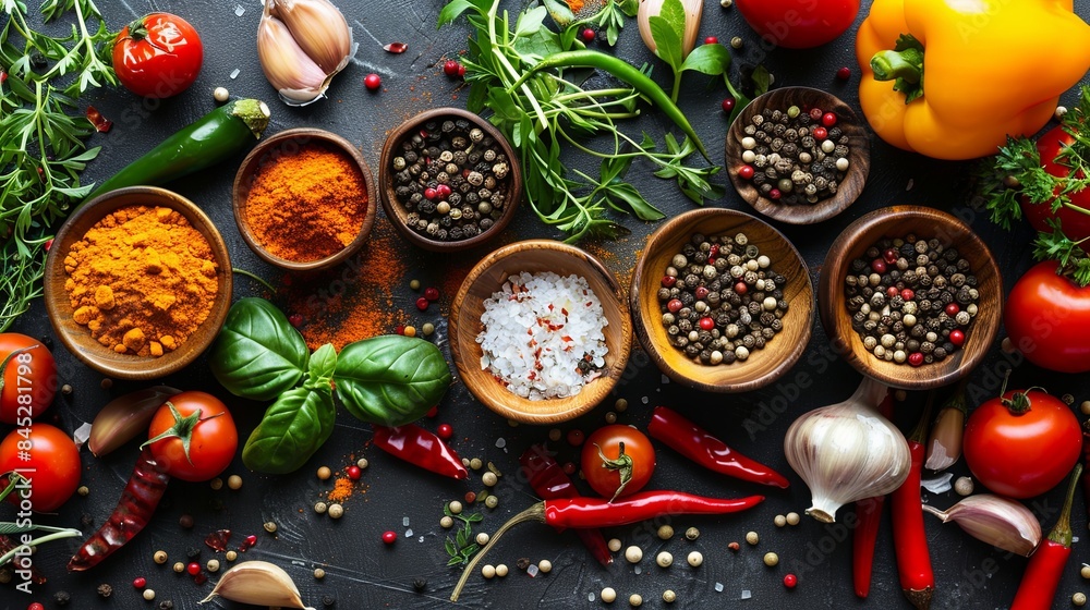 Poster a variety of spices and fresh vegetables are displayed on a kitchen table. the image includes small 