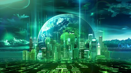 Earth hologram and eco energy hud, technology and resources and green city