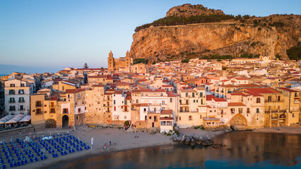 Naklejka premium Cefalu Sicily Italy aerial view at sunset 
