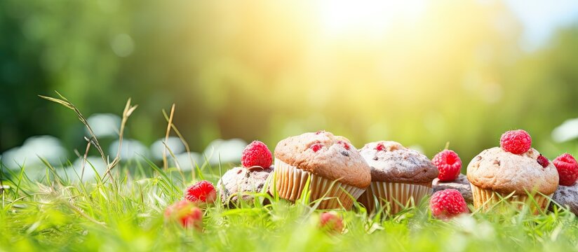 A mouthwatering summery scene with petite raspberry muffins on a vibrant green backdrop basking in the sunlit garden Perfect for confectionery blogs cafe banners and restaurant menus A tempting irres