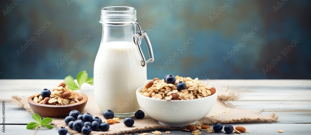 Poster a healthy breakfast of homemade muesli topped with blueberries and served with milk in a decorative 