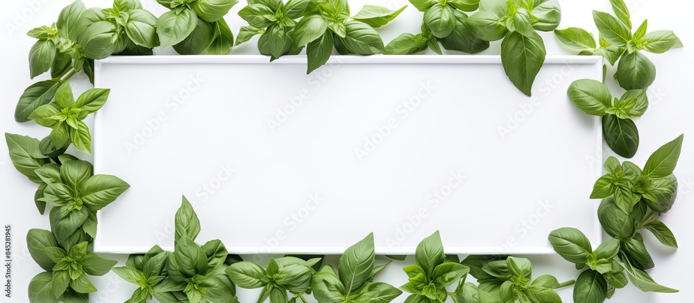 Poster Isolated on a white background there is a botanical picture featuring a frame adorned with basil leaves creating a visually appealing copy space image