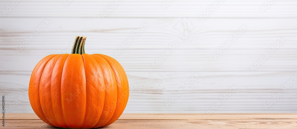 Poster a halloween pumpkin on a wooden table is set against a backdrop of white boards creating a halloween