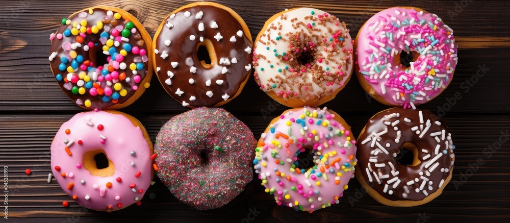 Fototapete there is a top down view of a variety of colorful donuts with sweet icing sugar and glazed sprinkles