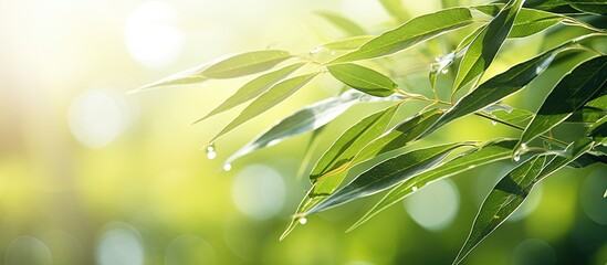 Fototapeta premium A stunning close up of a bamboo leaf showcasing its intricate and beautiful texture in the sunlight against a blurred background of lush greenery This natural copy space image offers ample room for t