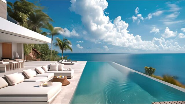 A spacious swimming pool area with a modern couch facing the big ocean.