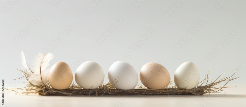 Aufkleber A rustic copy space image of farm fresh free range white chicken eggs displayed in egg cups with authentic feathers on a light background promotes the idea of natural healthy nutrition from rural dai