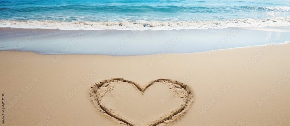 Poster A heart shaped drawing etched on a sandy beach with a serene ocean in the background and a top down perspective offering ample space for accompanying text