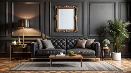 black sofa, retro wooden table, mock up gorisontal poster frame, decoration , carpet and personal accessories in elegant home decor