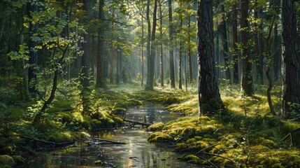 Obraz premium A tranquil forest clearing bathed in soft, dappled sunlight, with tall trees casting long shadows and a small stream trickling through the mossy ground, inviting viewers to unwind