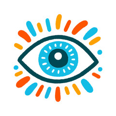 Childlike drawing of blue eye with long colorful lashes. Vector illustration.