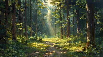 Fototapeta premium A tranquil forest scene with dappled sunlight filtering through the trees, inviting viewers to imagine themselves taking a peaceful stroll and reconnecting with nature.