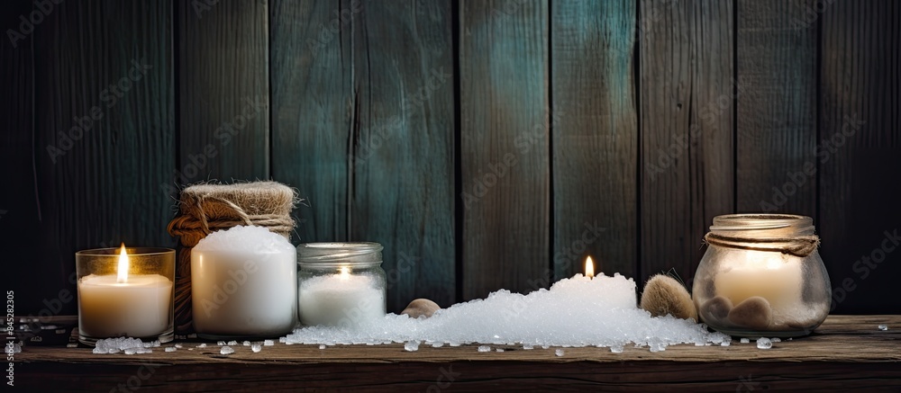 Poster a serene and enchanting image with sea salt candles and a rustic wooden backdrop perfect for adverti