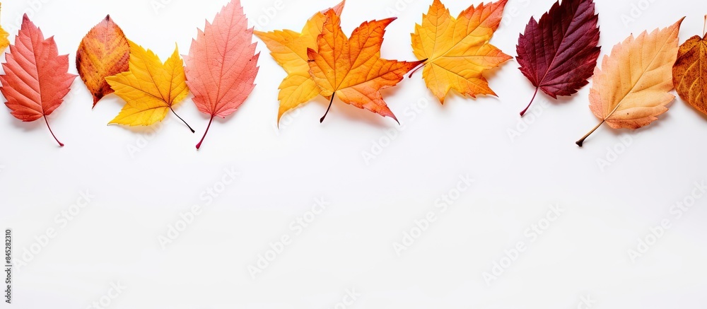 Aufkleber Autumn leaves create a composition on a white background forming a frame The arrangement is captured from a top down view and there is ample copy space It evokes the essence of Thanksgiving and Hallo