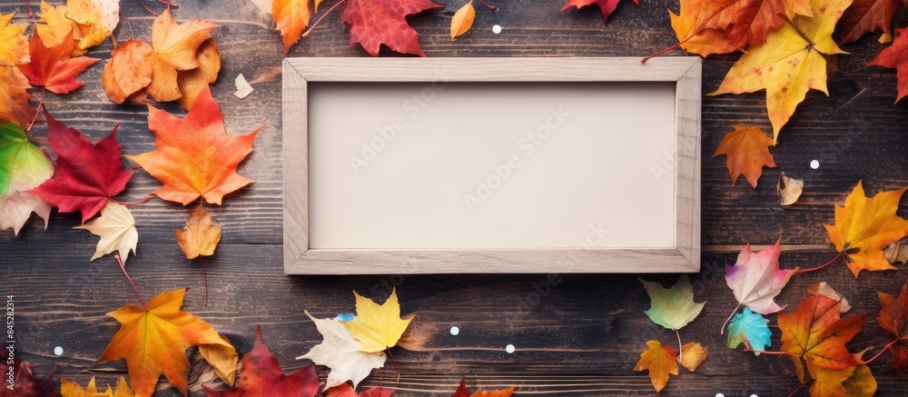 Aufkleber A fall themed wooden photo frame adorned with dry maple leaves and confetti is placed on colored paper creating a festive atmosphere The top view shot allows for potential copy space