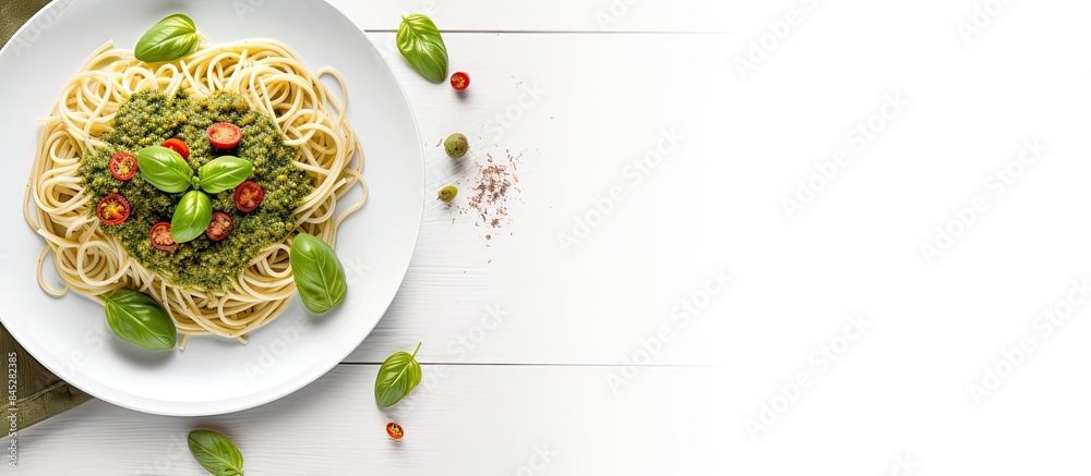 Poster a view from the top of a white background shows a copy space image of italian spaghetti garnished wi
