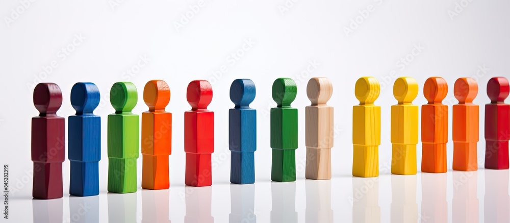 Aufkleber Colorful wooden figurines arranged in a row displaying a vibrant rainbow palette stand against a white background providing ample copy space for additional elements