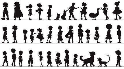 set of silhouettes of children
