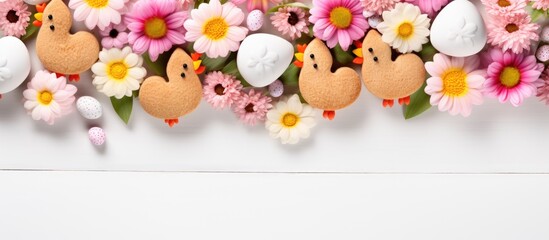 Fototapeta premium Top view of a homemade Easter greeting card featuring fresh tulip flowers Gingerbread cookies shaped like Easter eggs a chicken hen bunny and flowers arranged beautifully on a white plate The image h