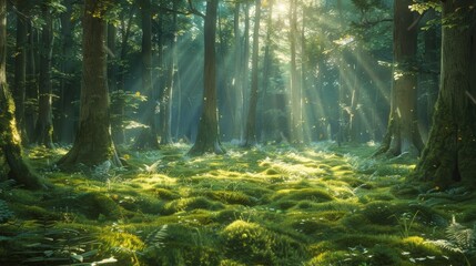 Obraz premium A tranquil forest scene with sunlight filtering through the trees, casting dappled shadows on the forest floor and creating a serene and rejuvenating environment for contemplation