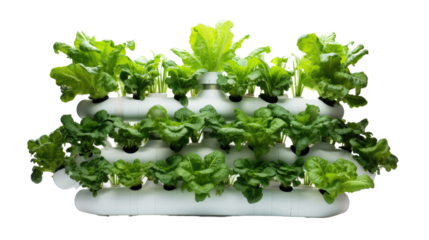 Photograph of a futuristic hydroponic system, with rows of healthy plants growing in a nutrient-rich solution, representing the advancement of agricultural technology