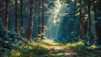 Fototapeta premium A tranquil forest scene with sunlight filtering through the trees, casting dappled shadows on the forest floor and creating a serene and rejuvenating environment for contemplation