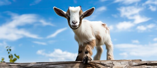 A cute white and brown goat stands on a wooden log against a backdrop of sky providing copy space for text This image depicts a delightful animal wallpaper background
